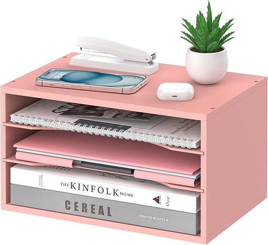 Wood Desk Organizer, 3 Tier Paper Tray Organizer for Desk with Adjustable Storage Shelves, Desktop Paper Sorter Mail Holder for Office Home Classroom, Pink