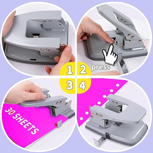 Hole Punches, 2 Hole Punch, Adjustable Two Hole Punch, Heavy Duty 2-Hole Punches, 30 Sheet Capacity HolePuncher, Metal Paper Puncher, Locking Handle