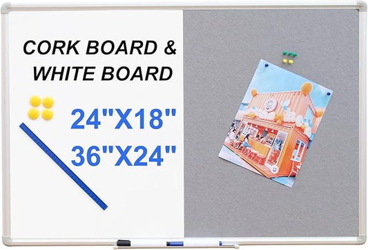 DEVELOP Grey Felt Bulletin & Magnetic Dry Erase Combo Board, 24 x 18 Inch, Wall Mounted Whiteboard/Grey Felt Bulletin Combination Board with Marker Tray, Pins, Eraser, Markers & Magnets