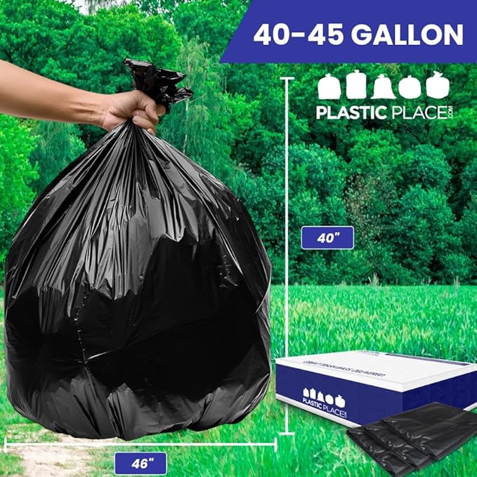 Plasticplace 40-45 Gallon Trash Bags, Heavy Duty Trash Can Liners: Black Trash Bags, 40 Gallon Trash Bags and 45 Gallon Trash Bags Heavy Duty 1.5 Mil, 40"x46" Size, 100 Count