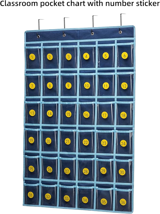 36 Clear Pockets Classroom Pocket Chart for Cell Phone and Calculator Holder, Door Hanging Pocket Chart for Classroom Phone Holder with Number Sticker and Hooks (Blue)