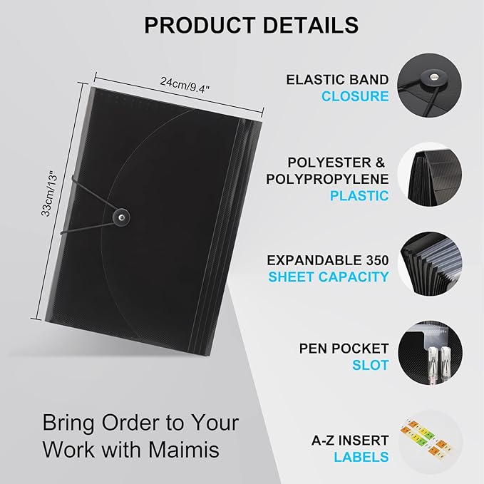 Accordian File Organizer 13 Pocket Expanding File Folder with Labels, A4 Letter Size Paper Document Receipt Organizer Portable Accordion Filing Folder for Classroom, Home, Office (Black+White)