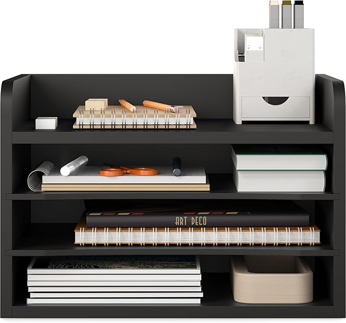 Ballucci File Organizer, 4-Tier Office Desk Organizer, Open Top Wood Paper Organizer for Classroom, Mail Sorter Paper Tray with Adjustable Storage Shelves, Black