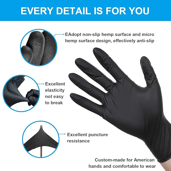 FINITEX - Black Nitrile Disposable Gloves, Exam Gloves, Powder-free, Latex-free, 3mil, Case of 10 Boxes