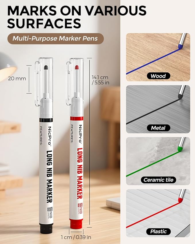 Nicpro 8 PCS Long Nib Marker Pens, 20mm Deep Hole Marker, Quick Dry & Waterproof Construction Markers, Long Head Markers for Metal, Steel, Tile, Glass, Carpenter Marking Pen for Woodworking (4 Colors)