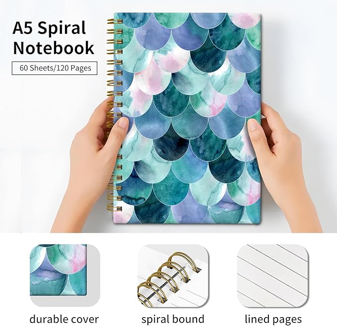 Spiral Journal Notebook, Hardcover Lined Journal for Women, Medium 6 x 8.4 in, 120 Pages Thick Paper, College Ruled Notebook for Writing, Work, Office, and School,Beautiful Green Mermaid Scales
