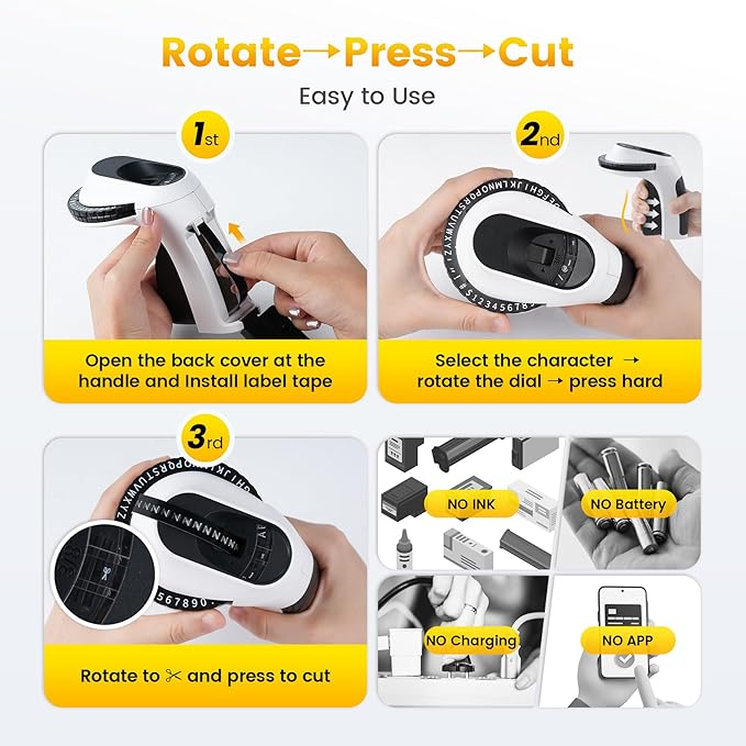 Zodzi Embossing Label Maker, Vintage Embossed Label Makers, Manual Retro Label Maker Machine for Home Kitchen Office Kids School Items, Old School Embosser with 3 Rolls 9mm 3D Labeler Waterproof Tapes