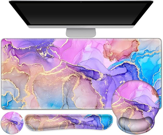 Gaming Mouse Pad, Large Desk Mat, Cute Desk Pad Protector, 4in1 XXL Mousepad + Keyboard Wrist Rest+Mouse Wrist Rest+Coaster Set with Ergonomic Desk Pad for Home Office PC Computer, Colorful Marble