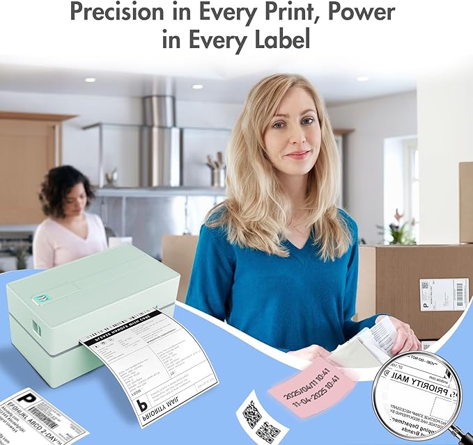 Bluetooth Thermal Shipping Label Printer: 4x6 Wireless Mini Clear Label Maker with Waterproof Tape for Small Business - Widely Used for USPS UPS Ebay Amazon Shopify Etsy, Green