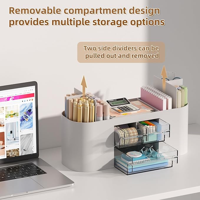 Marbrasse Desk Organizer Pen Holder for Desk with 3 Drawers, Multi-Functional Pencil Holder, Desk Organizers and Accessories with 7 Compartments for Home, School, Classroom(Grey)