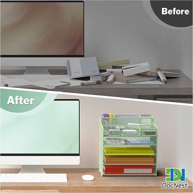 Docnest 5 Tier Mesh Desk Organizer for Paper Office Supplies – Multi-Functional Letter Tray with 5 Adjustable Compartments, 3 Pen Holders, Desktop Storage for Files, Mail, Stationery – Green