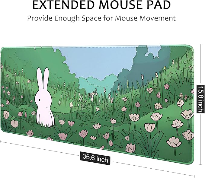 Auhoahsil Desk Mat, Ultra Large Mouse Pad, XXL Gaming Mousepad, Pretty Desk Pad, Big Extended Full Size Desktop Desk Matt for Keyboard, Laptop & Computer, 35.5 x 15.7 in, Anime Bunny Green Grass