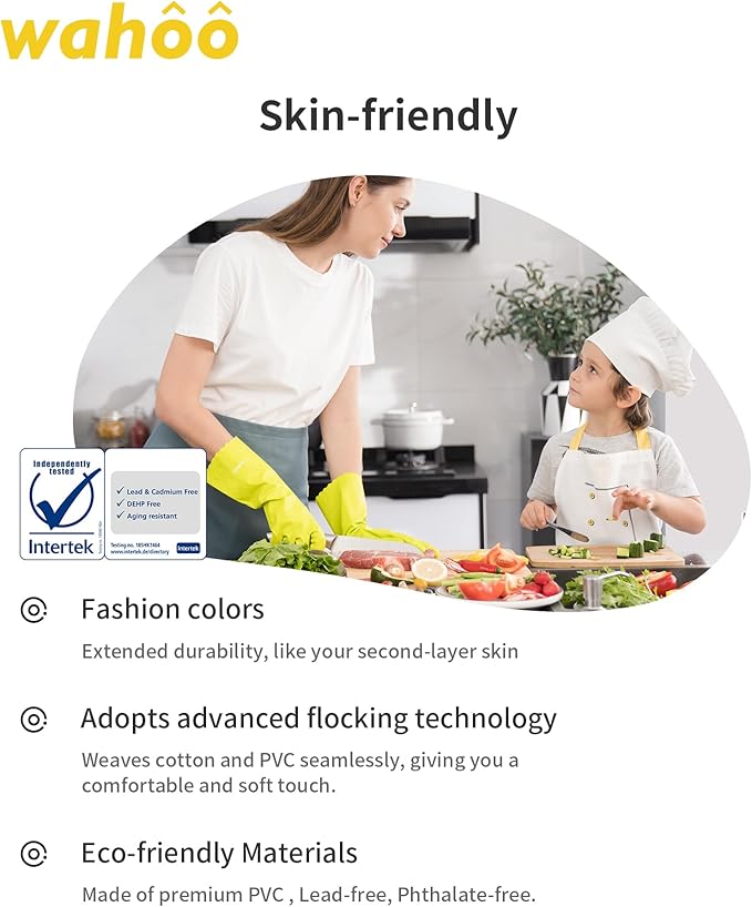wahoo Skin-Friendly Cleaning Gloves, Cotton Flocked Lined Dishwashing Gloves, Reusable, Non-Slip, Waterproof, Bud Tender, Medium