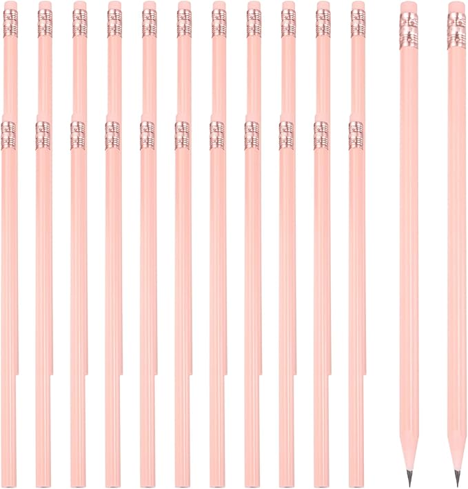 PATIKIL Round Pencils, 24 Pcs Triangle HB Graphite Pencil Wooden Pencils with Eraser for Classroom Office Writing Drawing Supplies, Pink