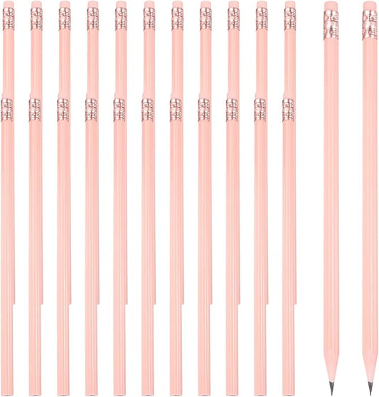 PATIKIL Round Pencils, 24 Pcs Triangle HB Graphite Pencil Wooden Pencils with Eraser for Classroom Office Writing Drawing Supplies, Pink