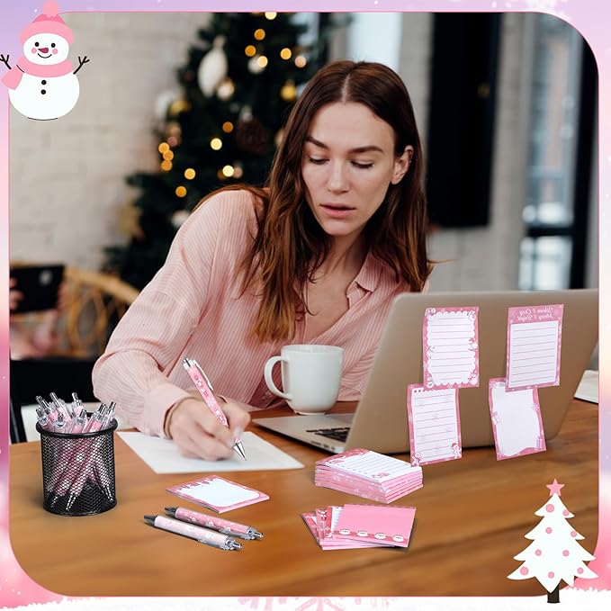 24 Pcs Pink Christmas Sticky Notes with Pens Holiday Gifts Self Adhesive Notepad Cute Memo Notes Pads Black Ink Ballpoint Pen for Office School Students Teacher Supplies