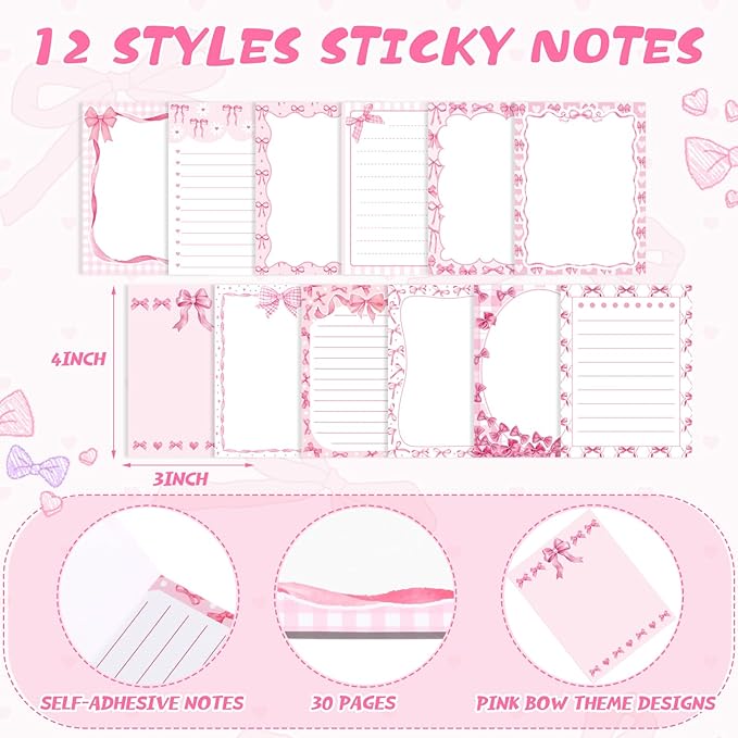 24 Pcs Pink Bow Sticky Notes with Pens Coquette Bow Themed Self Adhesive Notepad Black Ink Ballpoint Pen Office Supplies Coquette Gift for Birthday, Bachelorette, Bridal, Engagement