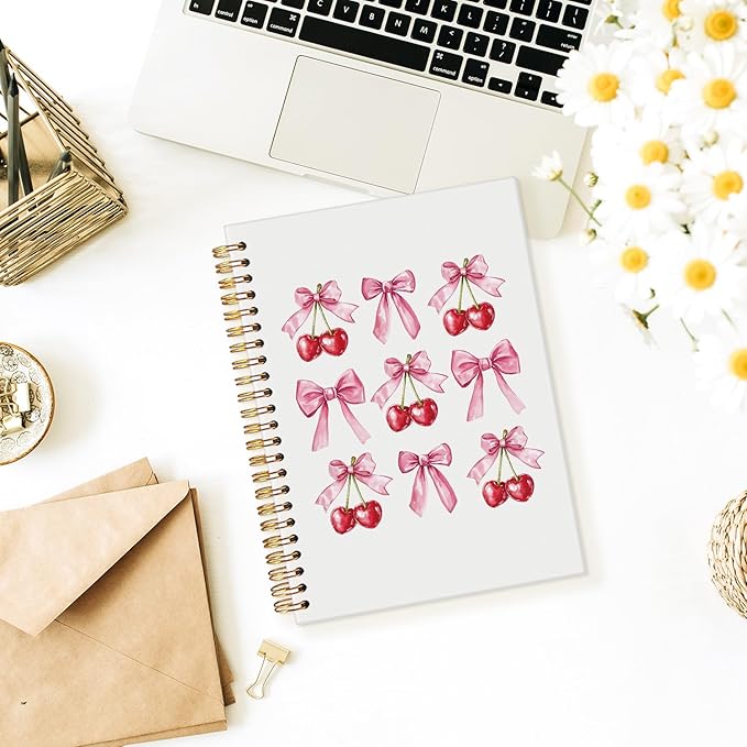 Cute Notebook, Cherry Coquette Pink Bow Notebook Gifts for Women Girls, Girly Stuff Hardcover Spiral Notebook Journal 8.3x5.5 Inch