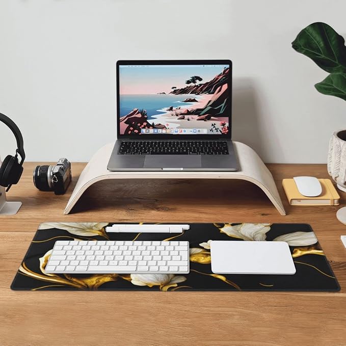 Desk Pad,Office Desk Mat 31.5"×11.8" Large Gaming Mouse Pad,Extended Computer Mouse Pad,Waterproof Thick Big Mouse Pads with Non-Slip Rubber Base Office Home Black Gold Marble Flower