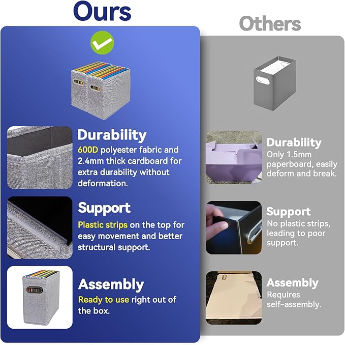 2 Packs Letter Size File Organizer, File Folders Organizer, Fabric Storage Box, Collapsible Paper Organizer with Metal Handle, Smooth PVC Rails, Only Box (Gray)