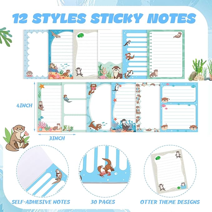 24 Pcs Otter Sticky Notes with Pens Themed Gifts Self Adhesive Notepad Cute Memo Notes Pads Black Ink Ballpoint Pen for Otter Lover Gifts Office School Students Teacher Supplies