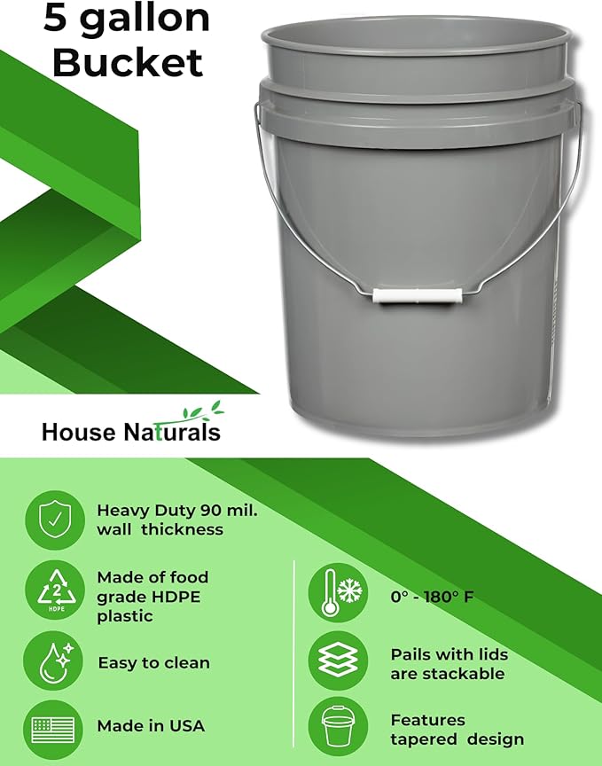 House Naturals 5 Gallon Food Grade BPA Free Made in USA Pails Gray Bucket with Screw On Air Tight Lid (2, Gray with White lids)