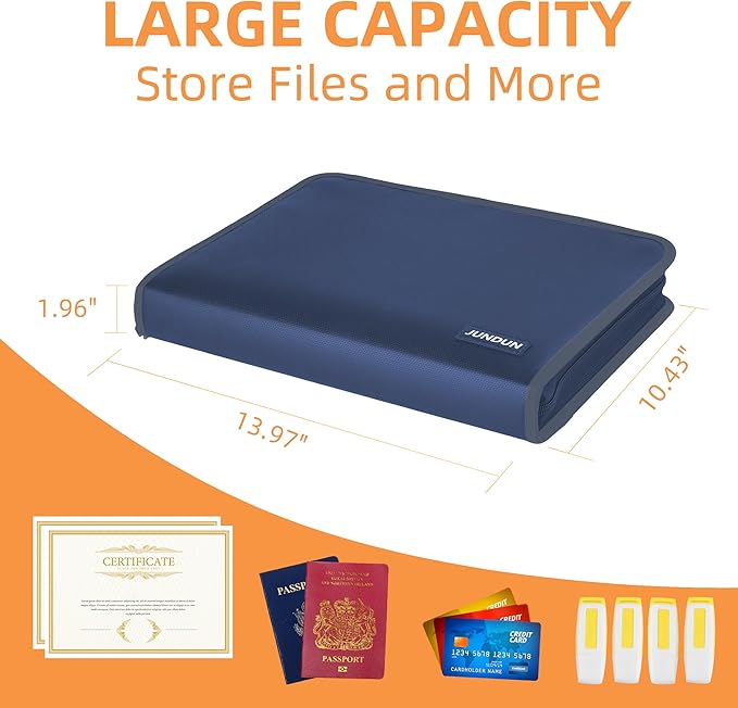 JUNDUN Accordion File Organizer - Fireproof Accordion Folder with Zipper & Labels - 12 Pocket Expanding File Folder with Multi-Pockets Paper Organizer Folder for Letter A4 Files and More (Blue)