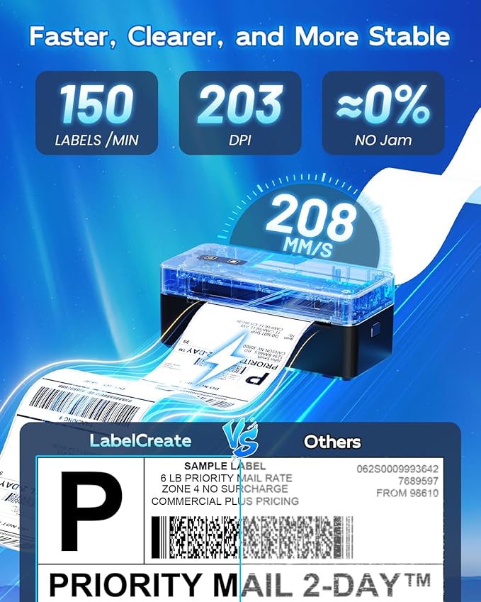 Bluetooth Thermal Label Printer with Label Holder, 4x6 Shipping Label Printer for Small Business, Compatible with iOS Android Phone&Pad&PC, Widely Used for Ebay, USPS, FedEx, Tiktok