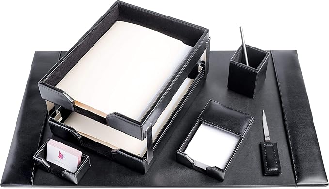 Dacasso Bonded Leather Desk Set - Luxury Leather Desk Pad & Desk Organization Essentials - Office Organization & Executive Desk Decor - (Black, 8 Piece)