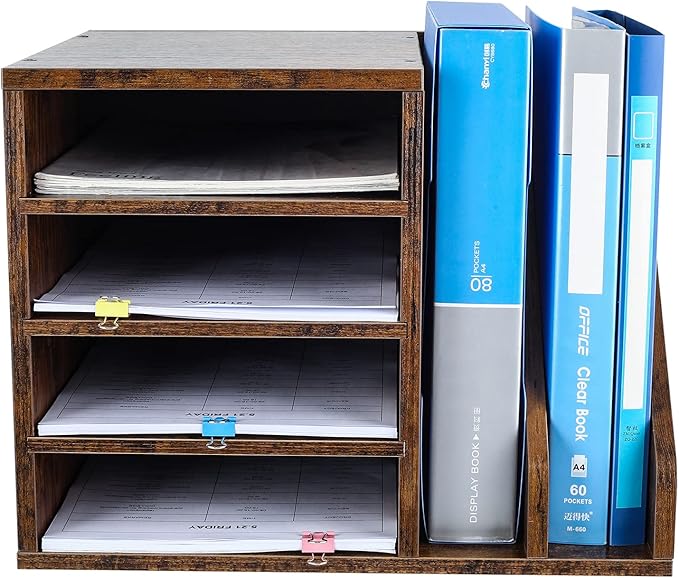 PAG Wood Desktop File Holder Organizer Mail Sorter for File Folders, Mails, Envelopes, Mailing Supplies or Magazines, Brown