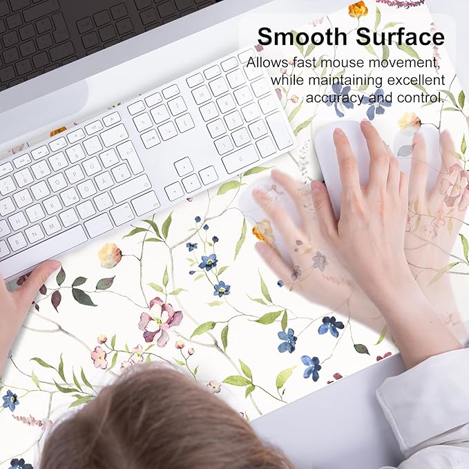 QIYI Floral Mouse Pad, Large Desk Mat for Desktop, Women Girls Watercolor Flowers Office Décor Desk Accessories, PU Leather Waterproof Gaming Mousepad, Wildflowers Desk Pad Computer Mat, 31.5" x 15.7"