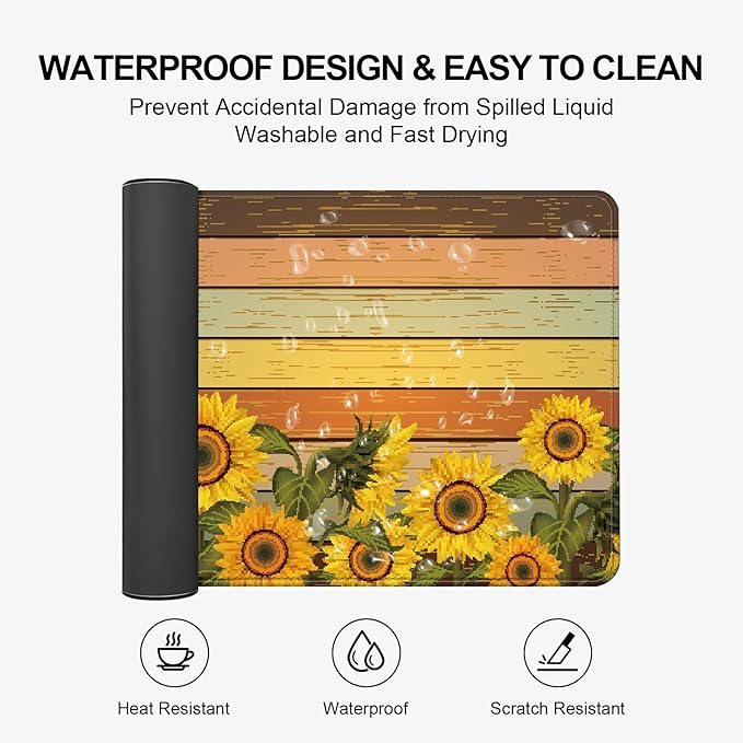 Large Desk Mat, Desk Matt for Desktop, Computer Gaming Mouse Pads, Anti-Slip Rubber Base, Stitched Edges Soft Mat for Desktop Office Home 31.5 x 11.8 Inches (Vintage Sunflower)