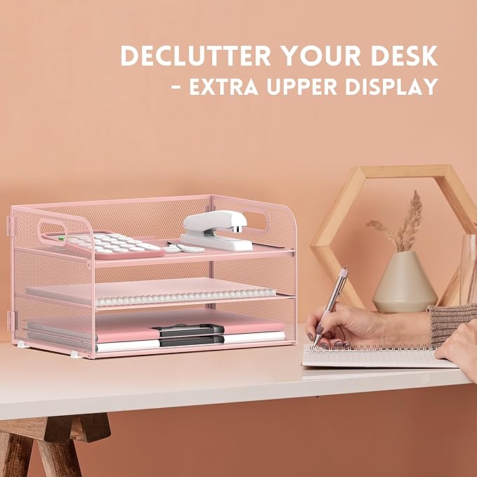 SUPEASY 3 Tier Paper Organizer with Handle, Mesh Desk Organizer Letter Tray, A4 File Folder Paper Tray, Pink