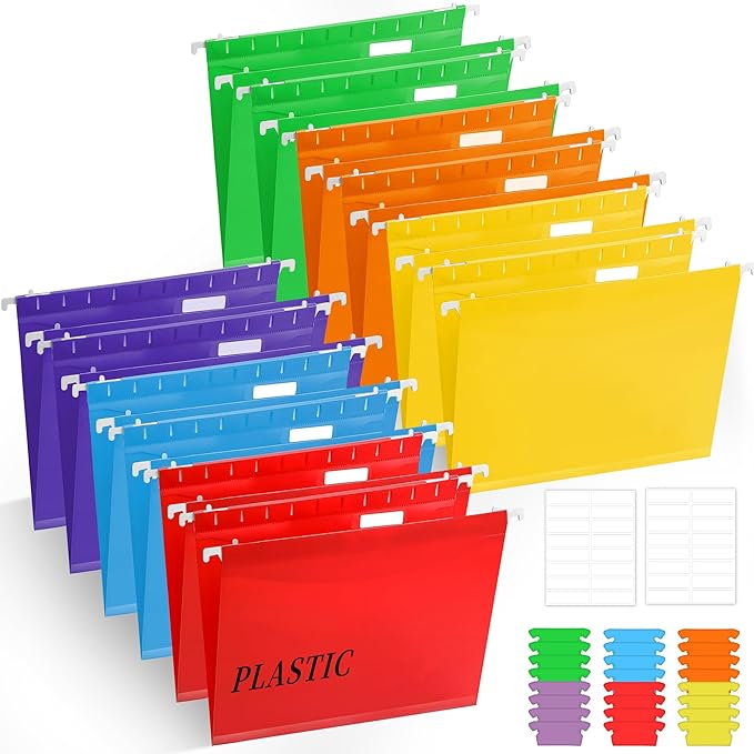 24 Pcs Plastic Hanging File Folders, Letter Size Reinforced Hanging File Folders with Insertable 1/5 Cut Tabs, Assorted Color Coded Organizers for Office Home Filing Cabinets Classroom Supplies