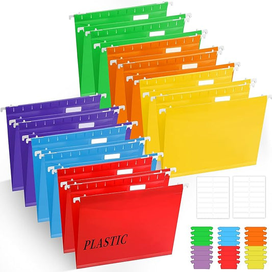24 Pcs Plastic Hanging File Folders, Letter Size Reinforced Hanging File Folders with Insertable 1/5 Cut Tabs, Assorted Color Coded Organizers for Office Home Filing Cabinets Classroom Supplies