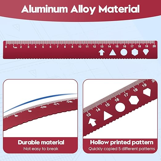 MSDADA Triangle Ruler and Protractor Set, 4 Pieces Aluminum Alloy Ruler Kit, Geometric Protractor for Student, School, Home, Office (Red, 20cm/7.87inch)