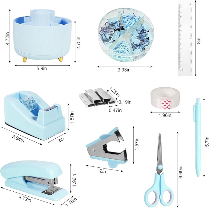 Blue Desk Organizers and Accessories 10Pcs Set with 360-Degree Rotating Pen Holder, Tape Dispenser, Stapler, Staple Remover, 1000 Staples, Tape, Clips Set, Ruler, Scissor, Pen