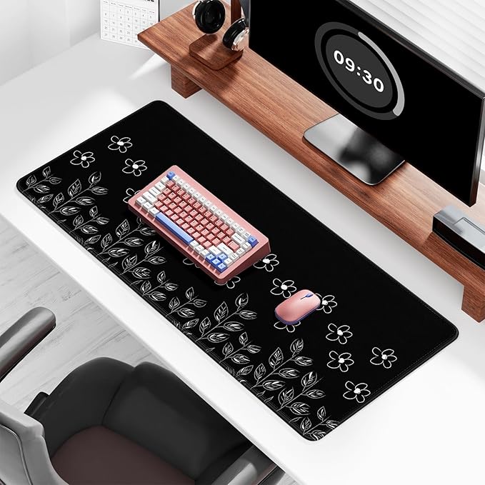 Auhoahsil Desk Mat, Ultra Large Mouse Pad, XXL Gaming Mousepad, Pretty Desk Pad, Big Extended Full Size Desktop Desk Matt for Keyboard, Laptop & Computer, 35.5 x 15.7 in, Minimalist Flower Black