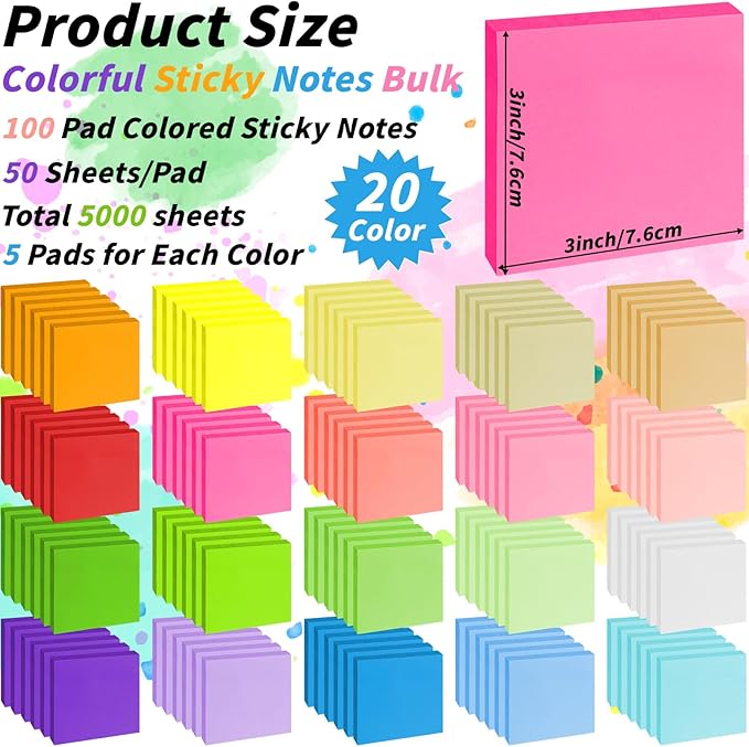 100 Pack Sticky Notes Bulk 3 x 3 in Self-Stick Note Pads Colorful Posted Note in 20 Colors Adhesive Paper Memo 50 Sheets/Pad Easy to Post for Office Home School Meetings Notebook Wall Door Window