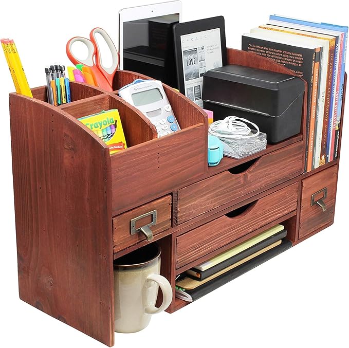 Executive Office Solutions Adjustable Wooden Desk Organizer For Desktop, Tabletop, Office or Counter – Wood Storage Shelf Rack For Office Supplies, Desk Accessories, or Mail – Cherry