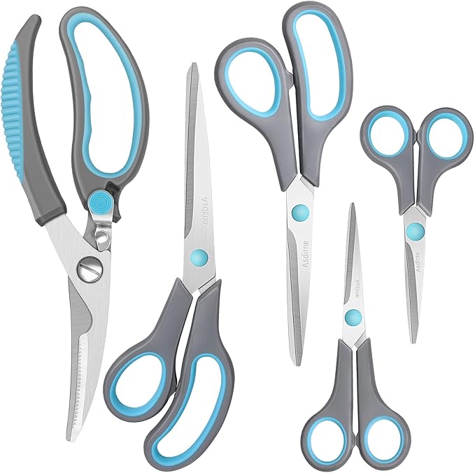 Premium Kitchen Scissors Set, Kitchen Shears, Food-Grade Stainless Steel Blades, Ergonomic Rubber Handle, Include 1 Poultry Shears and 4 All Purpose Scissors, 9.1”/9.6"/8.5"/6.4"/5.4"