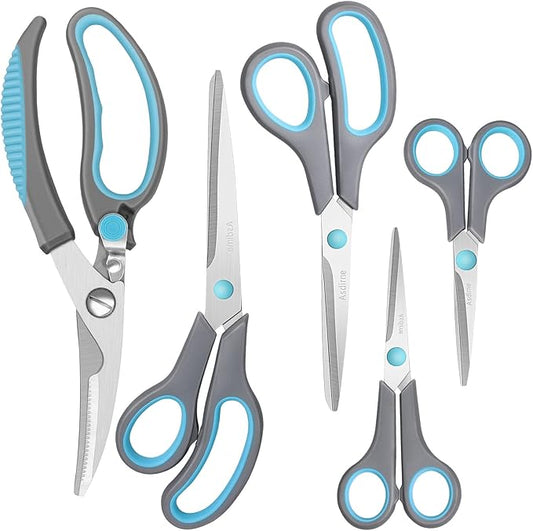 Premium Kitchen Scissors Set, Kitchen Shears, Food-Grade Stainless Steel Blades, Ergonomic Rubber Handle, Include 1 Poultry Shears and 4 All Purpose Scissors, 9.1”/9.6"/8.5"/6.4"/5.4"