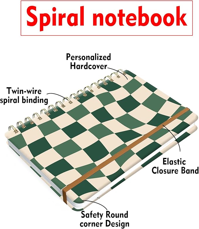Spiral Journal Notebook for Women, Hardcover A5 College Ruled Notebook, 60 Sheet, Thick Paper, Cute Lined Journal for School, Office & Work, 6 x 8.4 in(Green Checkered)