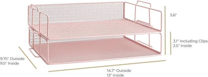 BLU MONACO Pink Mesh Paper Tray – Set of 2 Stackable Letter Trays – Durable Metal Desk Organizer for Home, Office & School – Stylish Document Holder, File Storage, and Workspace Organizer