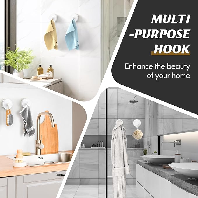 MOTAIPEAK Suction Cup Hooks for Shower,Removable Shower Towel Suction Hooks for Bathroom Wall,Kitchen,Glass,Mirror,Tile to Hang Robes,Loofah-White(2-Pack)