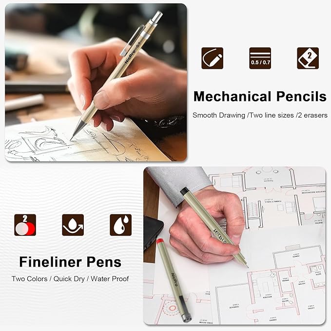 Nicpro 20PCS Professional Geometry Set with Case, Drafting Tools with Protractor and Compass, Metal Rulers, Triangles, Pens, Pencils, Drawing Supplies, Drafting Kit for Architect Engineer Students