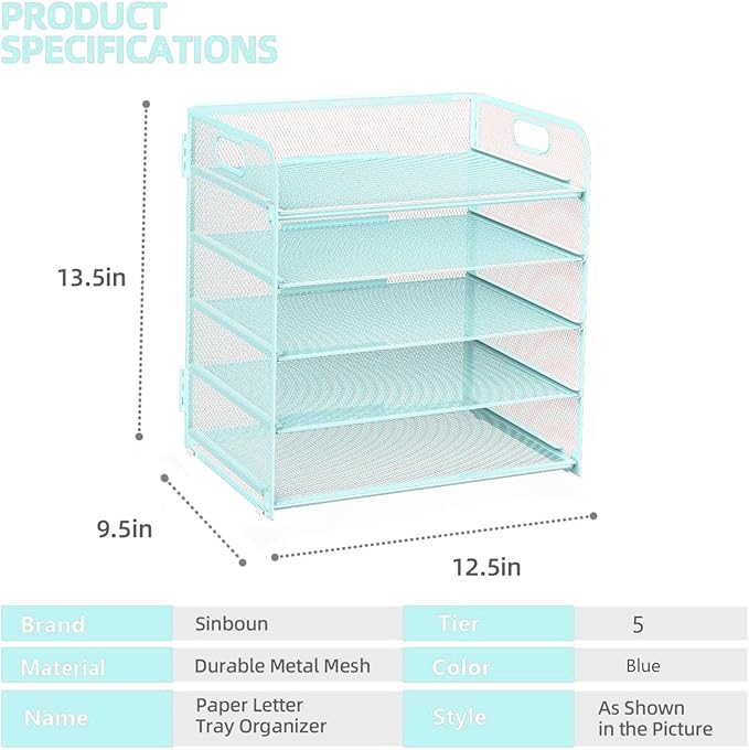 Letter Tray Paper Organizer 5-Tier Desk Organizer File Organizer Paper Holder with Handle, Metal Desktop Document Shelf Tray Office Classroom Organization - Blue