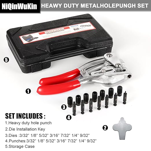 Heavy Duty Hole Punch Tool Set - NiQinWuKin Metal Hole Punch Professional Heavy Duty Hole Puncher Hand 3/32in to 9/32in for Aluminum, Brass, and Steel Sheet Metal and More with Storage Box (Red)