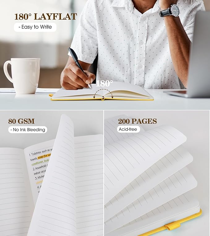 Lined Journal Notebook for Women, A5 Yellow Hardcover Leather Journals for Writing, 200 Pages Travel Daily Journal,Thick College Ruled Notebook for Work School, Note Taking, Business 5.75'' X 8.38''