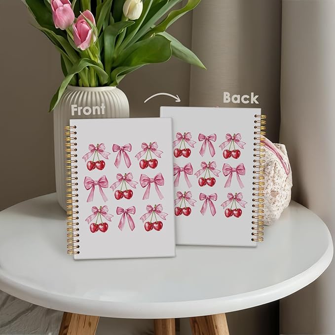 Cute Notebook, Cherry Coquette Pink Bow Notebook Gifts for Women Girls, Girly Stuff Hardcover Spiral Notebook Journal 8.3x5.5 Inch